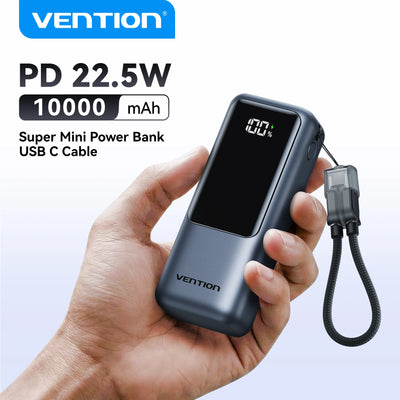Vention 10000mAh Mini Power Bank 22.5w Portable Charger Built-in USB C Cable PD 3.0 Fast Charging for iPhone 17 18 Samsung S26