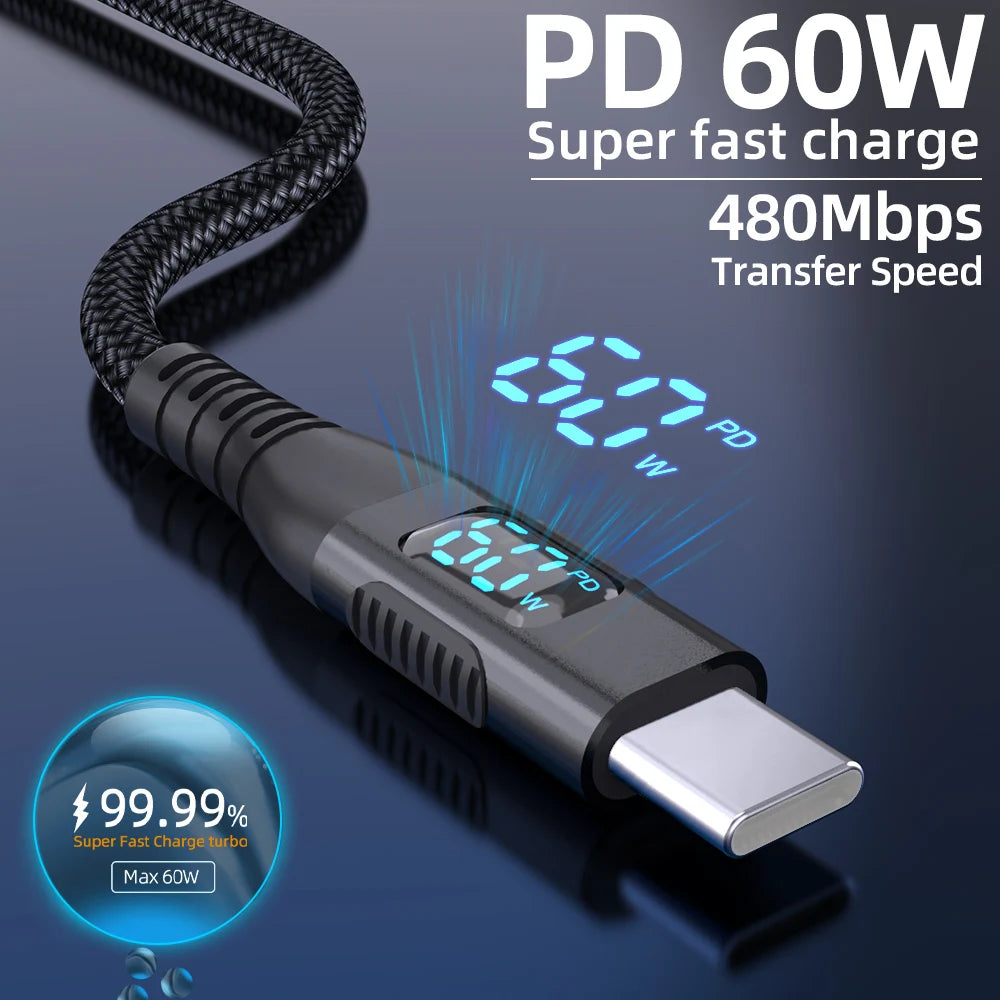 LAIHONEN USB A to Type C Nylon Braided Cable LED Display 3A Fast Charging Data Sync Cord 1/2/3M for iPhone 16 15 iPad MacBook