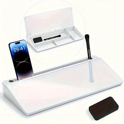 Sleek Compact Glass Desk Whiteboard with Built-in Storage, Modern Tempered Glass Desktop Organizer & Keyboard Holder, Efficient