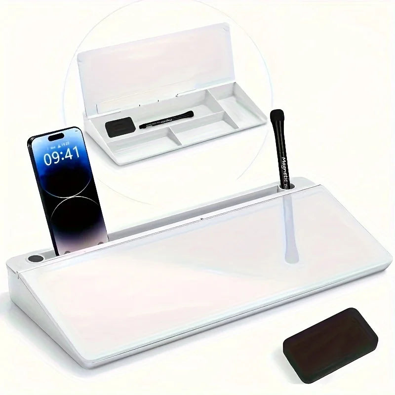 Sleek Compact Glass Desk Whiteboard with Built-in Storage, Modern Tempered Glass Desktop Organizer & Keyboard Holder, Efficient