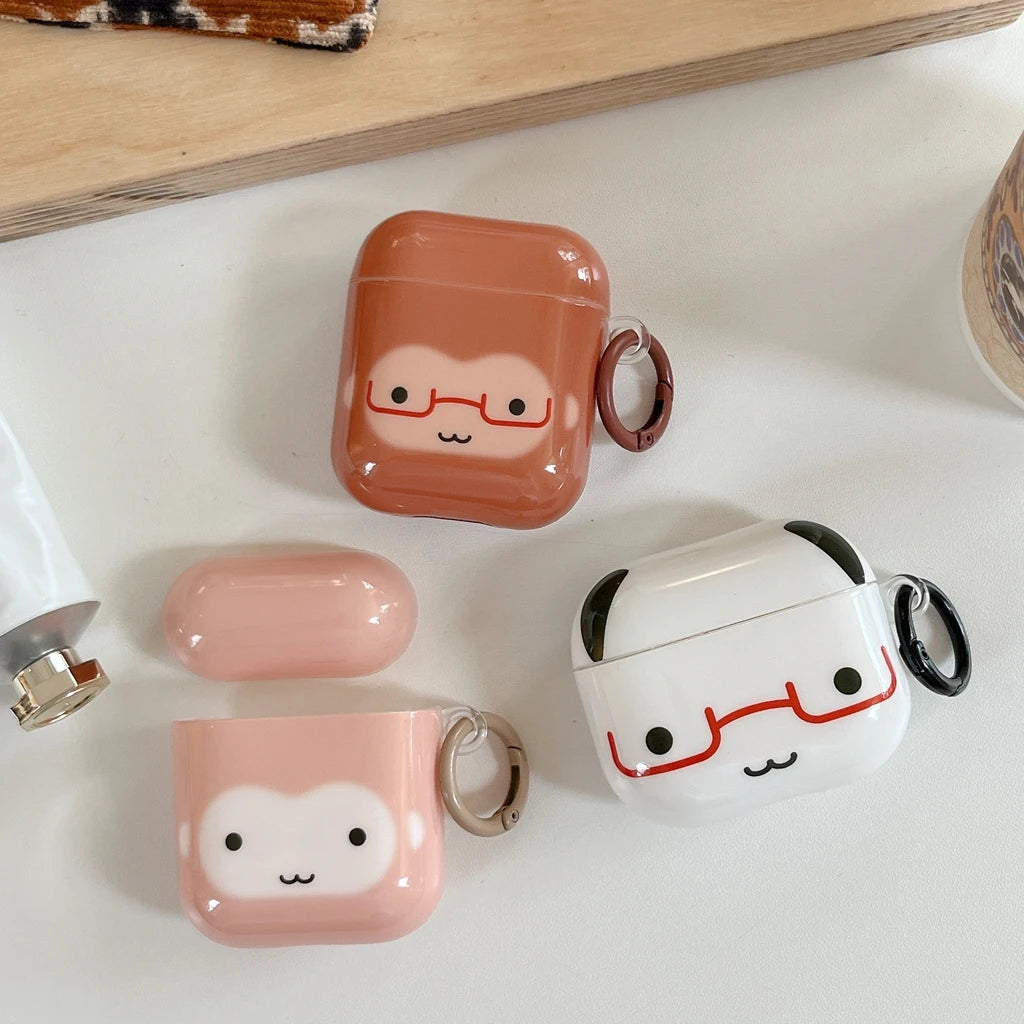 Fun Cute Monkey Panda Glasses With Hook Shockproof Protective Earphone Cover Case for AirPods 1 or 2 3 4 5 Pro 2 Pro 3