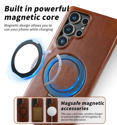 Luxury Magnetic Ring Genuine Leather Case for Samsung Galaxy S26 Ultra S24 S25edg S23 S22 S21 S20 S23 Stand Bracket Phone Cases