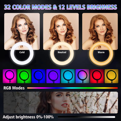 A 10 Inch Professional Selfie Ring LED Light, USB Powered,160cm Tall Stand, 38-Color RGB, Live Streaming, Makeup Fill Lights
