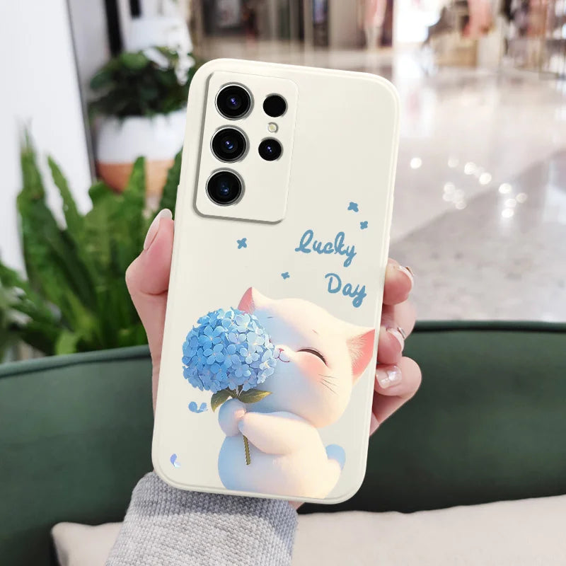 Blue Silk Cat Phone Case For Samsung Galaxy S25 FE S24 S23 S22 S21 S20 S10 S10E Ultra Plus FE Note 20 Ultra Plus Cover