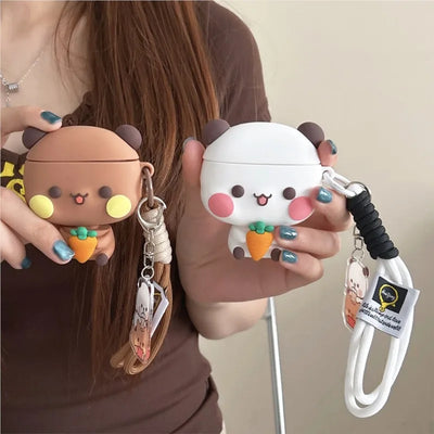 3D Panda Bear Soft Silicone For AirPods Case with Lanyard Keychain for AirPods 4 Pro Pro 2 Pro 3 Cute Shockproof Cover