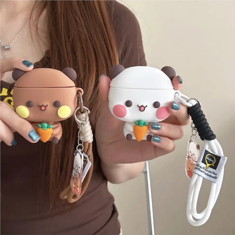 3D Panda Bear Soft Silicone For AirPods Case with Lanyard Keychain for AirPods 4 Pro Pro 2 Pro 3 Cute Shockproof Cover