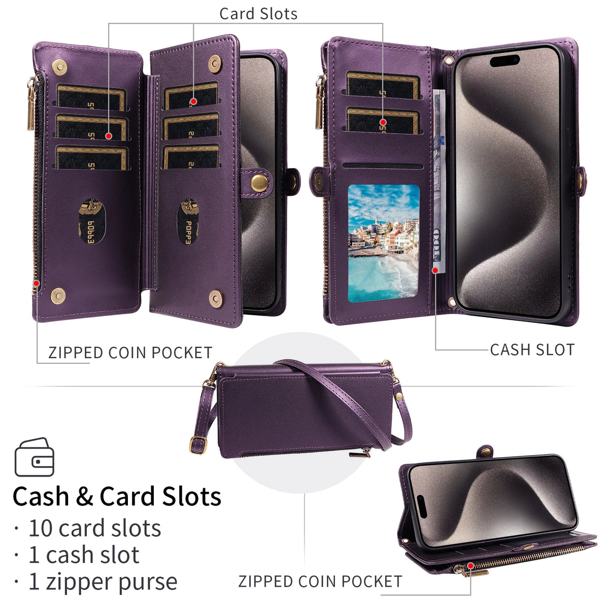 Flip Cover Protective Case for Redmi Note 8/9/10/11/12/13/14/15Pro with Multiple Card Slots, Crossbody Strap, Wallet Phone Case, Zipper Coin Pocket, Stand, Faux Leather Protective Cover