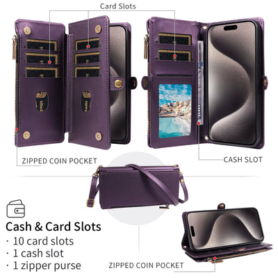Flip Cover Protective Case for Redmi Note 8/9/10/11/12/13/14/15Pro with Multiple Card Slots, Crossbody Strap, Wallet Phone Case, Zipper Coin Pocket, Stand, Faux Leather Protective Cover