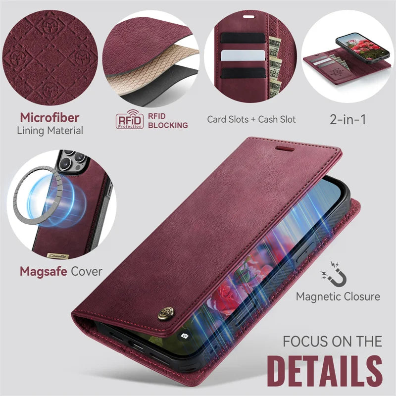 Magnetic Flip Leather Phone Case for iPhone 17 Pro Max 17E Air 16 Plus 15 14 13 12 11 Wireless Charging Wallet Cards Cover Coque