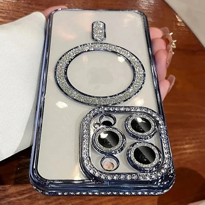 New Fashion Glitter Diamond Transparent Case For iPhone 16 15 14 13 17 12 18 Pro Max Plus Magnetic Wireless Charge Bumper Cover