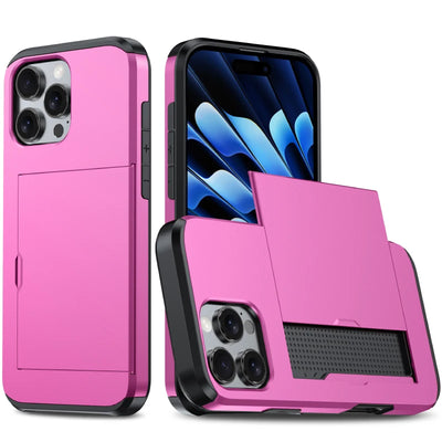 Push Pull Wallet Card Slot Solid Color Shockproof Phone Case For iPhone 16 Pro Max 14 11 12 13 15 Pro Max Mini Bumper Back Cover