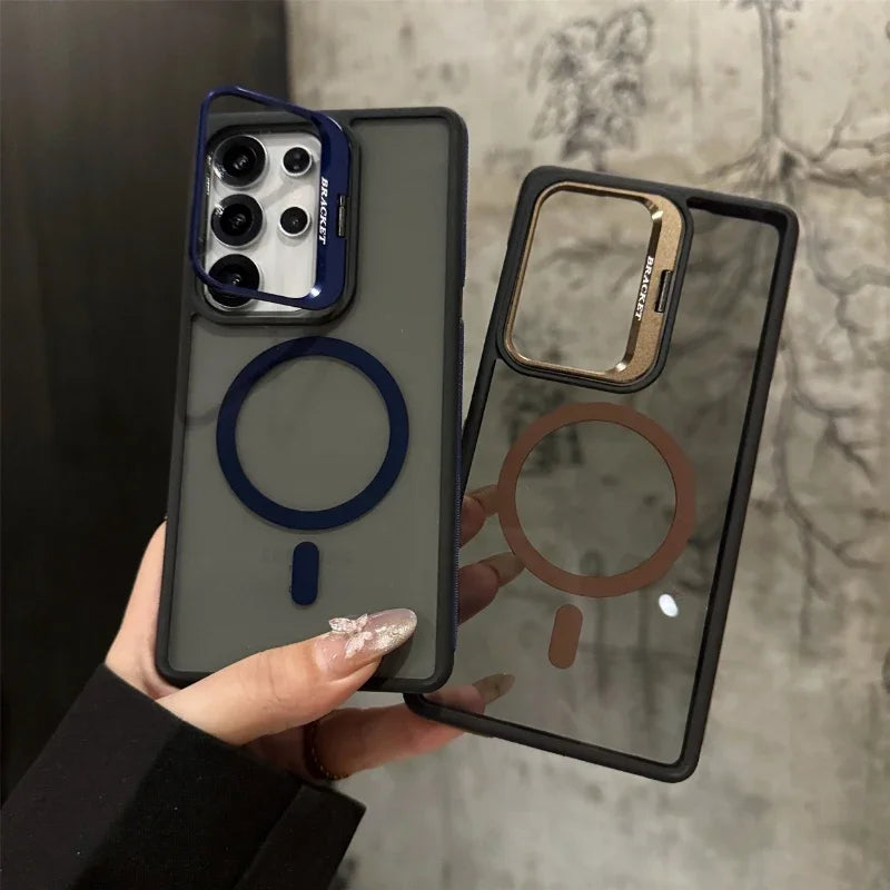 For Magsafe Magnetic Metal Lens Protection Stand Case For Galaxy Samsung S25 S24 S23 S26 Ultra Plus FE Shockproof Cover Bumper