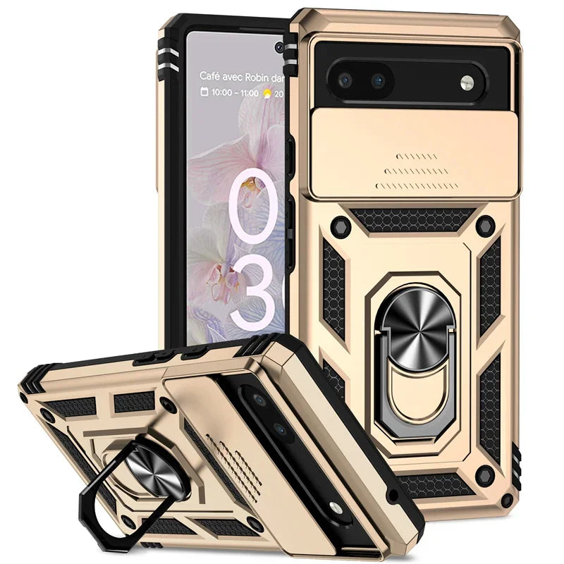 Durable Armor Slide Lens Full Protect Cover for Google Pixel 10 9 8 7 6 A Pro XL 360 Metal Magnetic Ring Holder Shockproof Case
