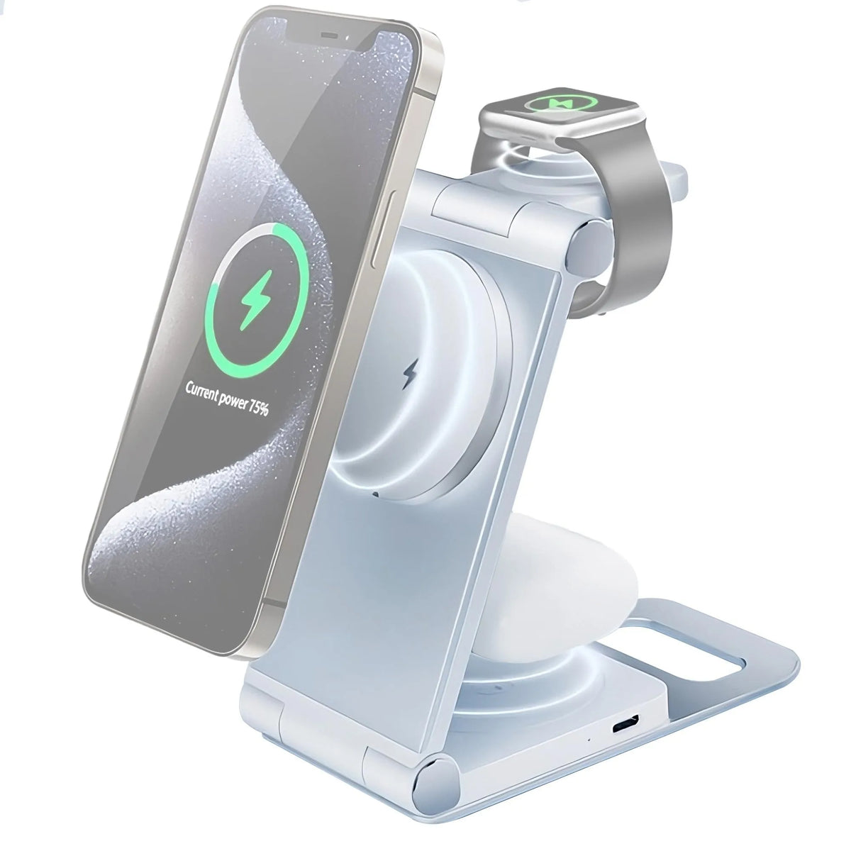 Magnetic Wireless Charging Station 3 in 1 Foldable - 15W Fast Charger Compatible with iPhone, Samsung, AirPods Pro, Aluminum Alloy Stand, Space-Saving for Home Office Travel Bedside Nightstand Desk, Easy to Carry