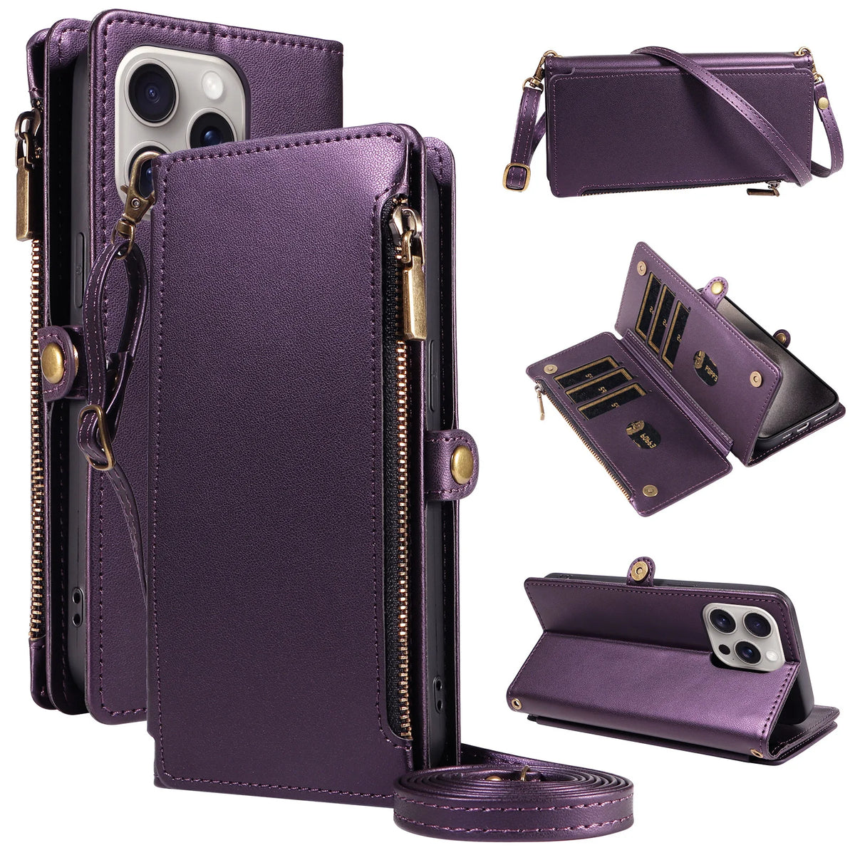 Flip Cover Protective Case for Redmi Note 8/9/10/11/12/13/14/15Pro with Multiple Card Slots, Crossbody Strap, Wallet Phone Case, Zipper Coin Pocket, Stand, Faux Leather Protective Cover