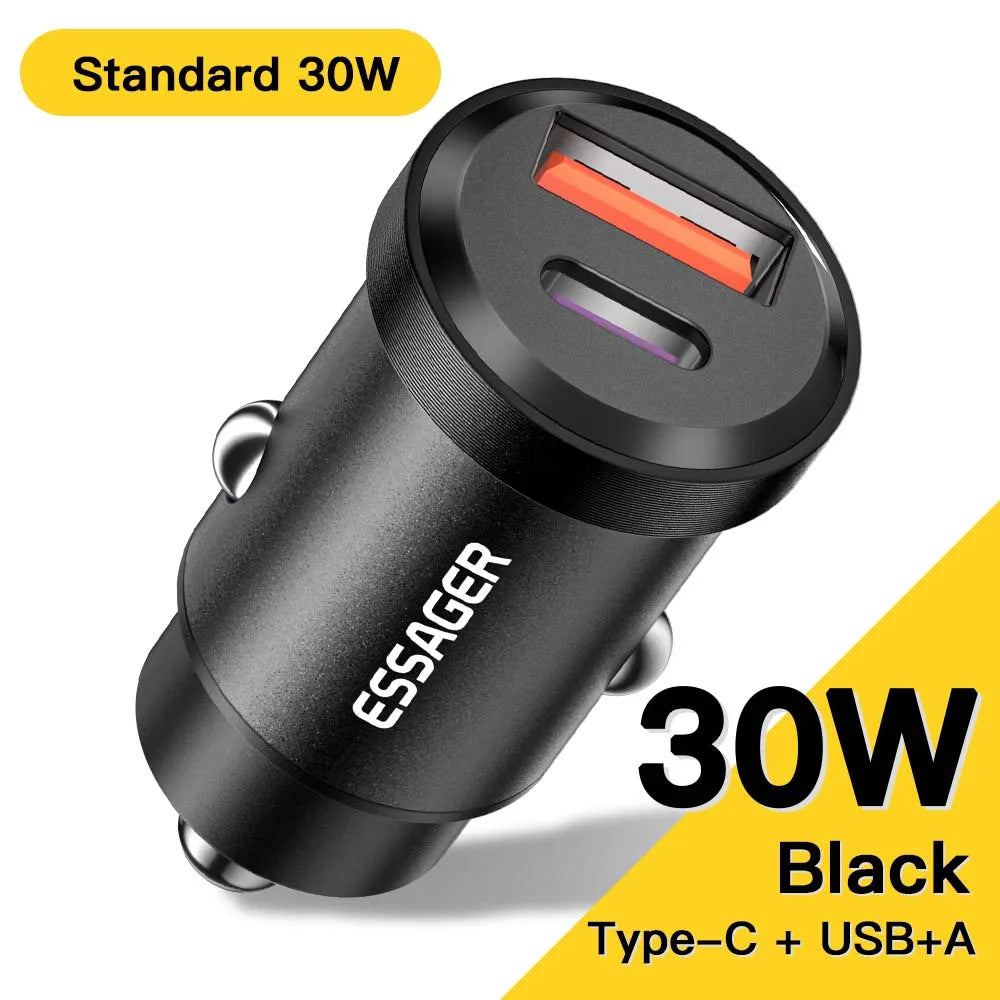 Essager 30W Car Charger QC 4.0 and QC 3.0 for Xiaomi Huawei Supercharge SCP Samsung AFC PD Fast Charging for IP USB C Phone Char