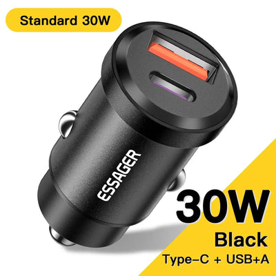 Essager 30W Car Charger QC 4.0 and QC 3.0 for Xiaomi Huawei Supercharge SCP Samsung AFC PD Fast Charging for IP USB C Phone Char