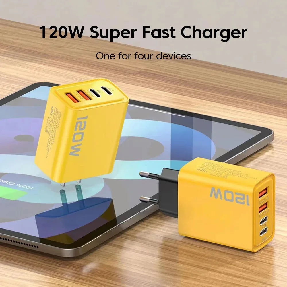 Total 120W USB Type C Charger Quick Charge Muti 4 Ports Adapter for iPhone Samsung Xiaomi 15 Mobile Phone Fast Charging Charger