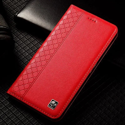 For APPLE iPhone 17 16 16E 15 14 Pro Max Air Plus Flip Case Grid Pattern Magnetic Cover Cowhide Genuine Leather Wallet Covers