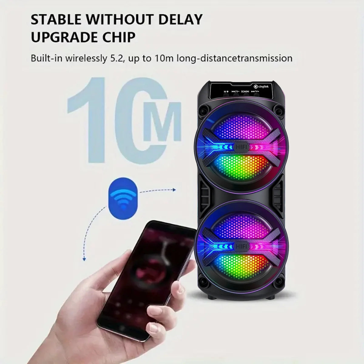 Portable wireless Bluetooth speaker with microphone and multi-mode colorful lights. Supports TF card, USB Type-C port and FM radio. Suitable for parties, outdoor camping, square dancing and other occasions. A lovely gift.