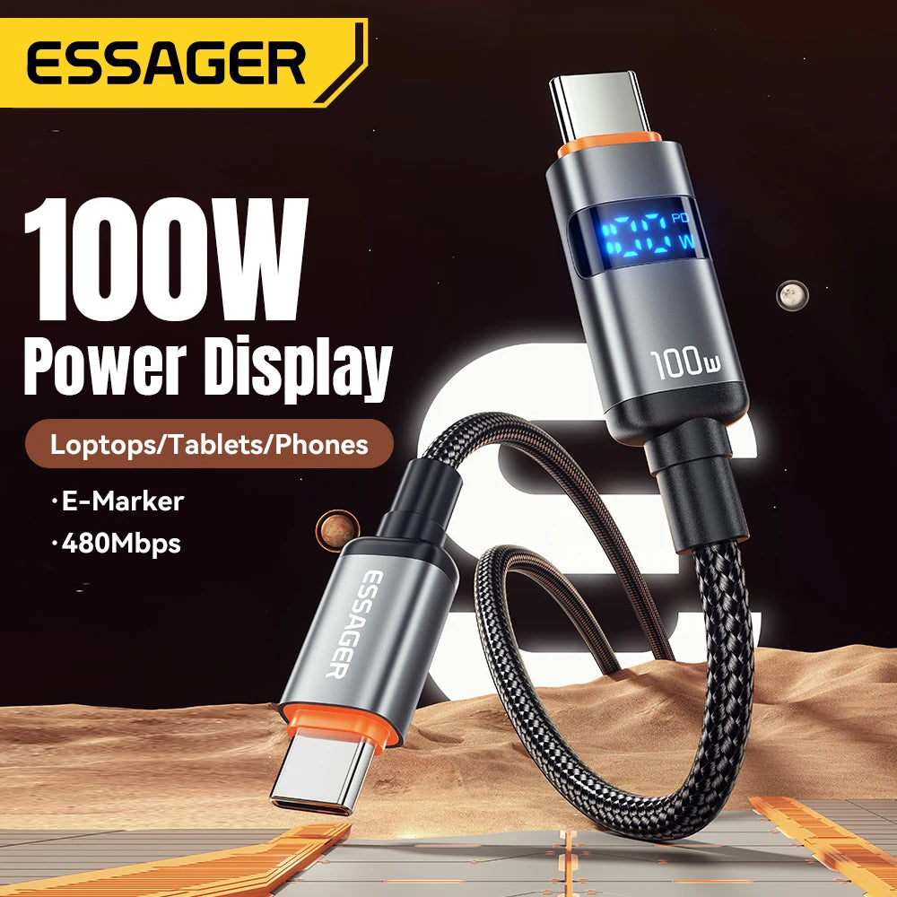 Essager 100W USB C to Type C Digital Display Cable Fast Charging 5A Type C to Type C Cable For MacBook Pro Xiaomi Huawei Samsung