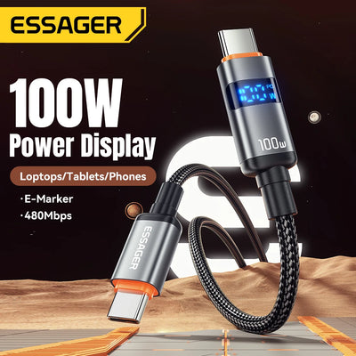 Essager 100W USB C to Type C Digital Display Cable Fast Charging 5A Type C to Type C Cable For MacBook Pro Xiaomi Huawei Samsung
