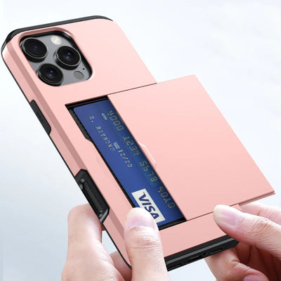 Push Pull Wallet Card Slot Solid Color Shockproof Phone Case For iPhone 16 Pro Max 14 11 12 13 15 Pro Max Mini Bumper Back Cover