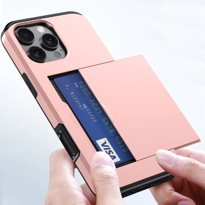 Push Pull Wallet Card Slot Solid Color Shockproof Phone Case For iPhone 16 Pro Max 14 11 12 13 15 Pro Max Mini Bumper Back Cover