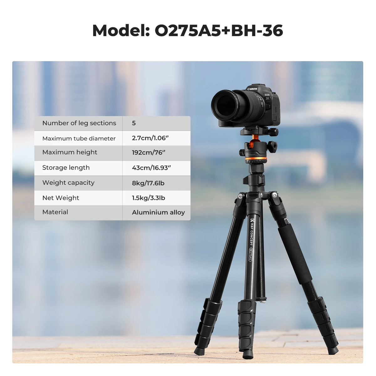 K&F CONCEPT 192cm Camera Tripod with 360 Degree 17.6lbs Load Ball Head Detachable Monopod Heavy Duty DSLR Tripods O275A5+BH-36