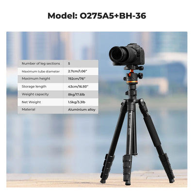 K&F CONCEPT 192cm Camera Tripod with 360 Degree 17.6lbs Load Ball Head Detachable Monopod Heavy Duty DSLR Tripods O275A5+BH-36