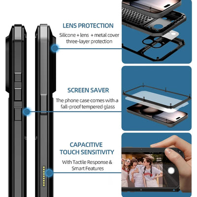 Heavy Duty Metal Armor Phone Case with Built-In Glass Screen Protector, 360° Full Body Rugged Shockproof Dustproof Protective Cover, Compatible with iPhone 18/17/Air/16/15/14/13/12/11, Pro, Pro Max, Plus, Mini, XR, XS, X, SE