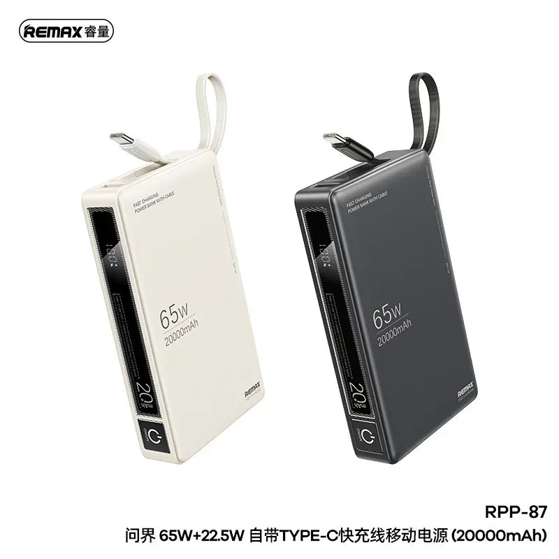 Remax 65W 20000mAh PowerBank Type C For Laptop Tablet Phone Spare battery Portable Charger Mobile External Battery Fast charging