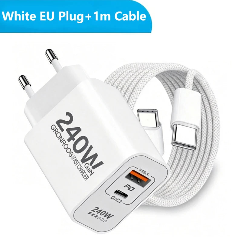 240W GaN PD USB C Charger For iPhone 17 16 15 14 13 12 Pro Max Phone QC 3.0 PD 3.0 USB Type C Fast Charging for Xiaomi poco iPad