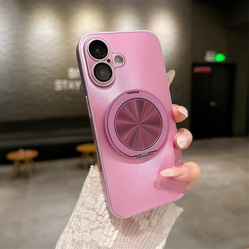 360 degree Rotatable Magsafe Ring Holder Case For iPhone 16 Pro Max 16 Plus 15 Pro 14 13 12 11 Frosted Plating Lens Film Cases