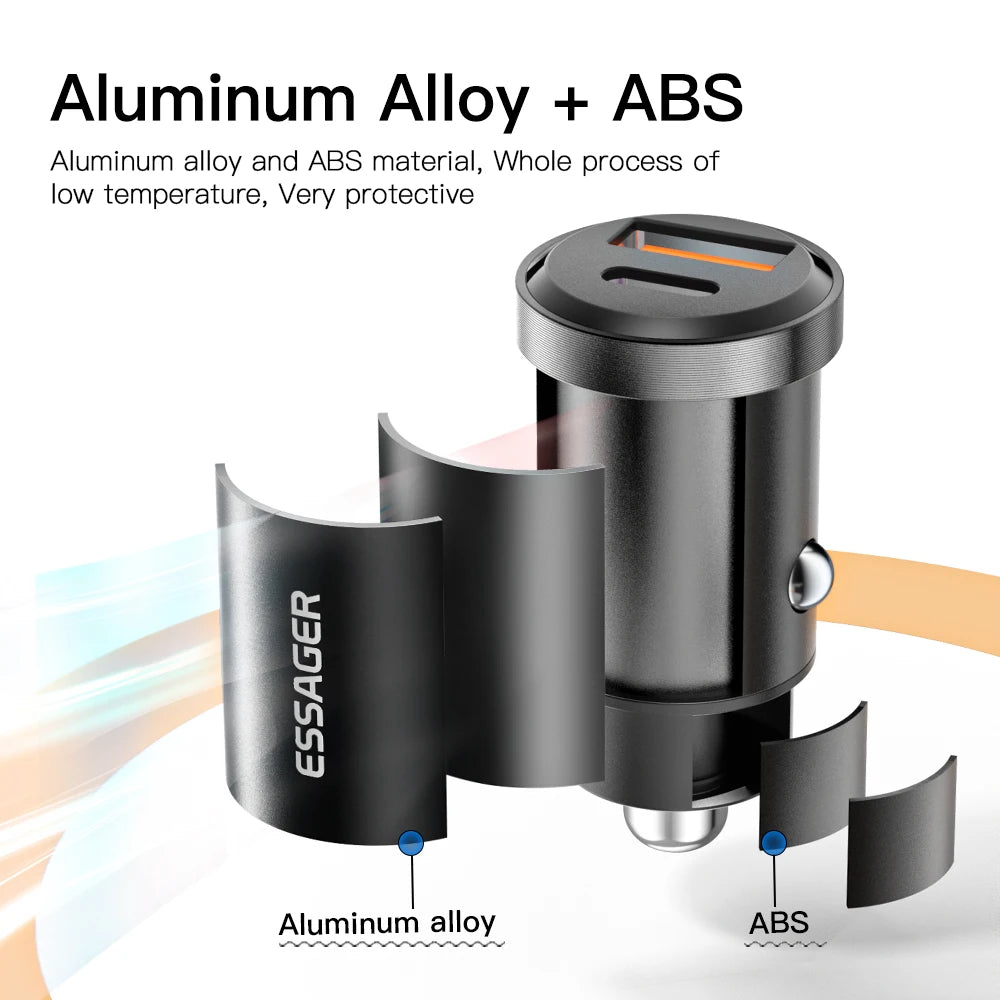 Essager 30W Car Charger QC 4.0 and QC 3.0 for Xiaomi Huawei Supercharge SCP Samsung AFC PD Fast Charging for IP USB C Phone Char