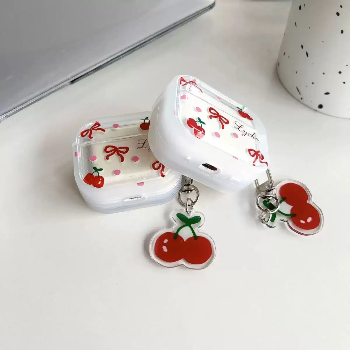 Korean Cute Bow Cherry Earphone Case For Apple Airpods Pro 2 1 Case With Cherry Pendant Silicone Protective Case For Airpods 4 3