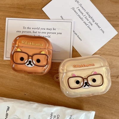 Korean Cute Rilakkuma Glasses Clear AirPods Case with Keychain for AirPods 1 2 3 4 Pro 2 Pro 3 Cute Shockproof Protective Cover