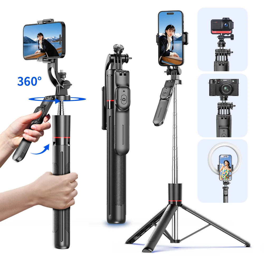 F16 Selfie Stick Tripod with 1708mm Long 8-Section Pole, Bluetooth Remote, 360° Rotation, 1/4 Interface, for Phone Camera Vlog