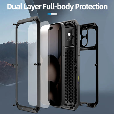 Luxury Heavy Duty Case For iPhone 18 17 16 Pro Max Plus Metal Heavy Duty 360 Full Body Shockproof Armour Protective Cover Fundas