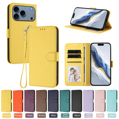 Solid Color Flip Wallet Leather Case For iPhone 17 13 14 15 16 12 Pro Max Air 16E 16 15 14 Plus 12 13 Mini Lanyard Back Cover
