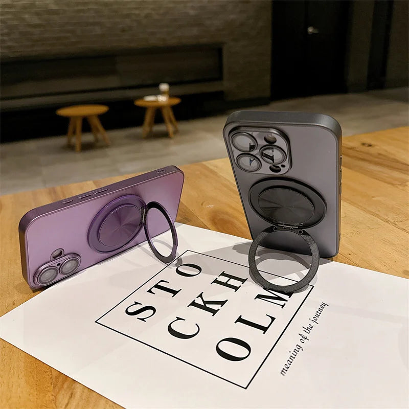 360 degree Rotatable Magsafe Ring Holder Case For iPhone 16 Pro Max 16 Plus 15 Pro 14 13 12 11 Frosted Plating Lens Film Cases