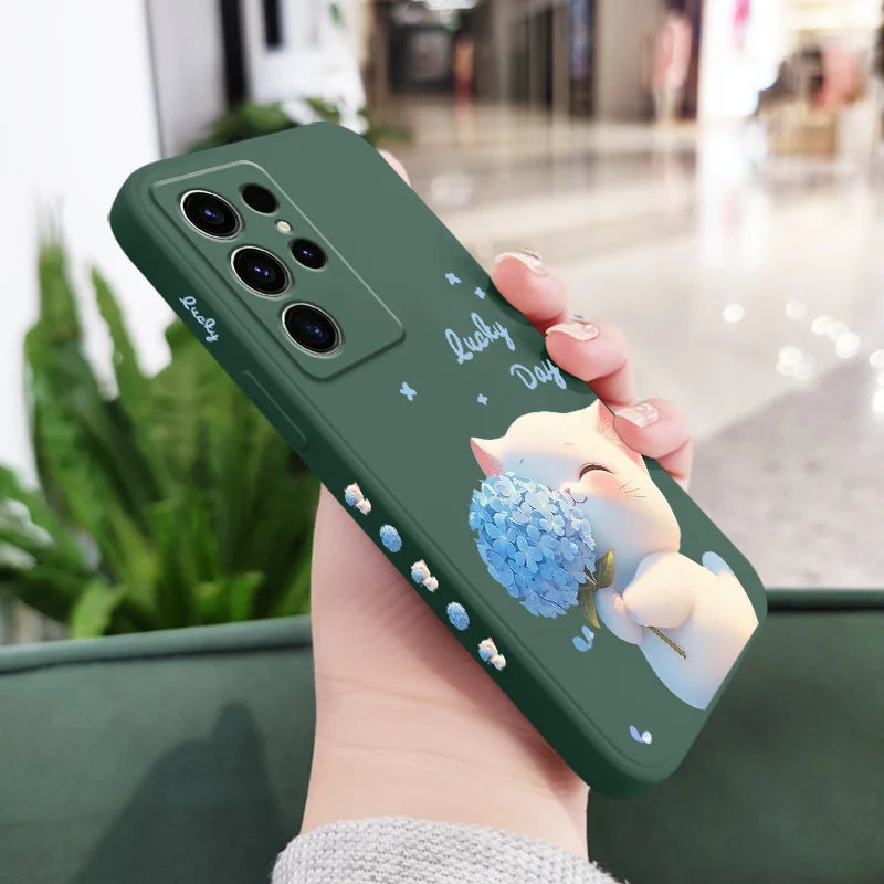 Blue Silk Cat Phone Case For Samsung Galaxy S25 FE S24 S23 S22 S21 S20 S10 S10E Ultra Plus FE Note 20 Ultra Plus Cover