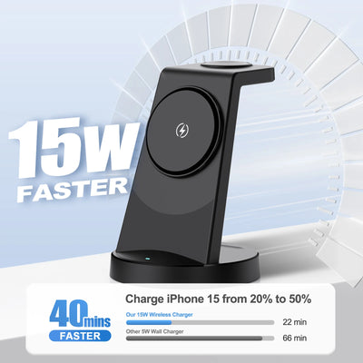 3 in 1 Wireless Charger Desktop Foldable 15W Fast Charging Stand For iPhone 17 16 15 14 13 12 11 X 8 Apple Watch Airpods