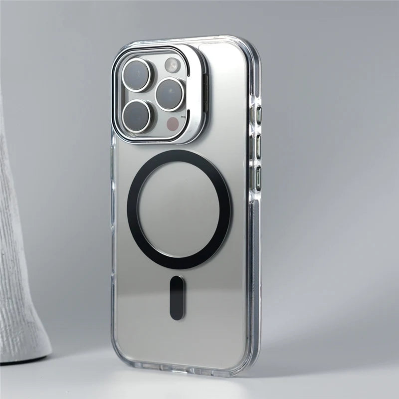 Luxury Camera Lens Holder Clear for Wireless Charge Magsafe Cases For iPhone 18Pro 17 16 15Pro Max Clear Shockproof Cover