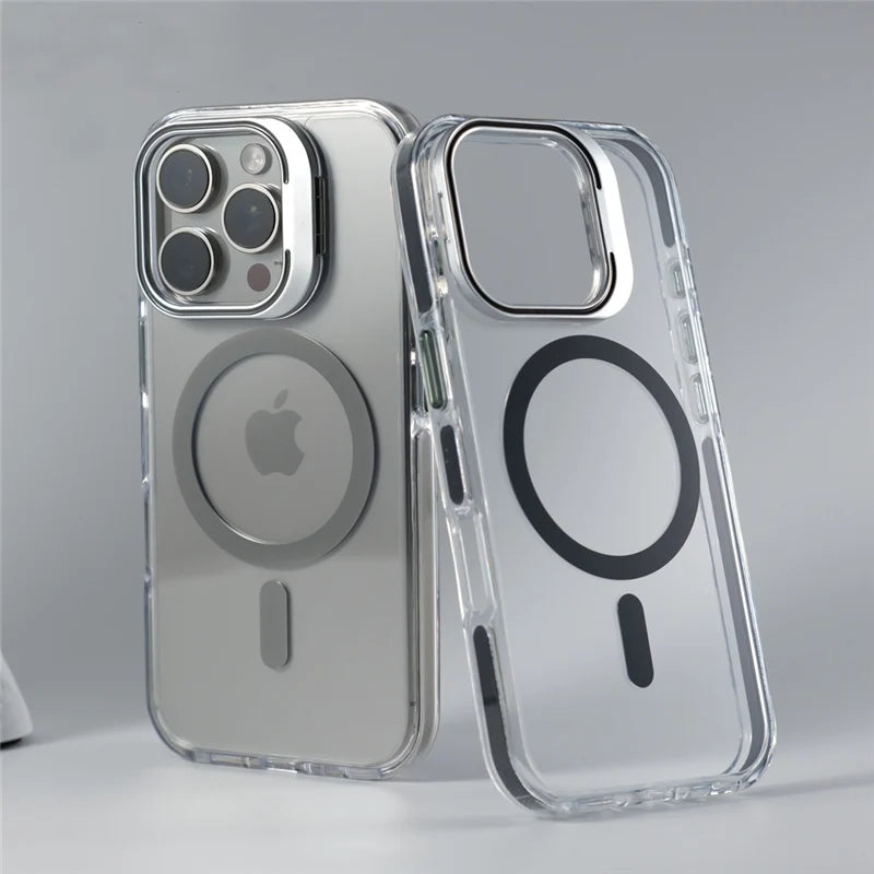Luxury Camera Lens Holder Clear for Wireless Charge Magsafe Cases For iPhone 18Pro 17 16 15Pro Max Clear Shockproof Cover