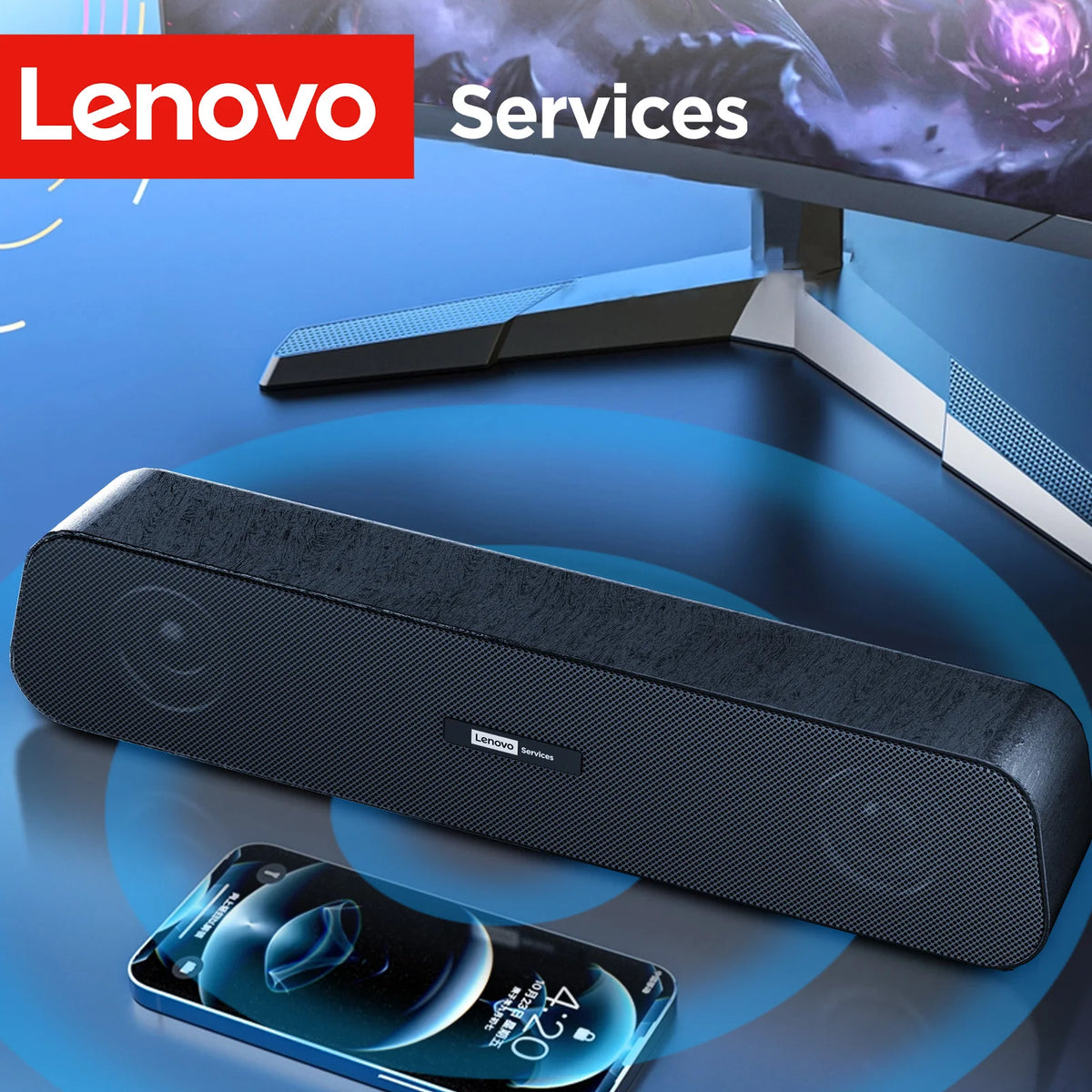 Lenovo Portable Desktop Speakers USB Stereo Deep Bass, Music Player 3D Surround Loudspeaker Audio Player for PC Laptop Desktop