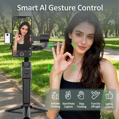 QAML S6 3-Axis Gimbal Gesture Control & Fill Light for Smooth Vlogs, Streams & Selfies. Compact & Durable, Perfect for Creator