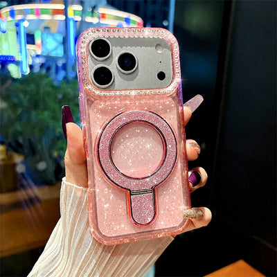 Luxury Sparkling Glitter Magnetic Ring Stand Phone Case for iPhone 18/17 Air/16/15/14/13/12 Pro Max/Pro/Plus Series, Crystal Clear Rhinestone Diamond Protective Cover with Raised Camera Lens Protection, Compatible with MagSaf
