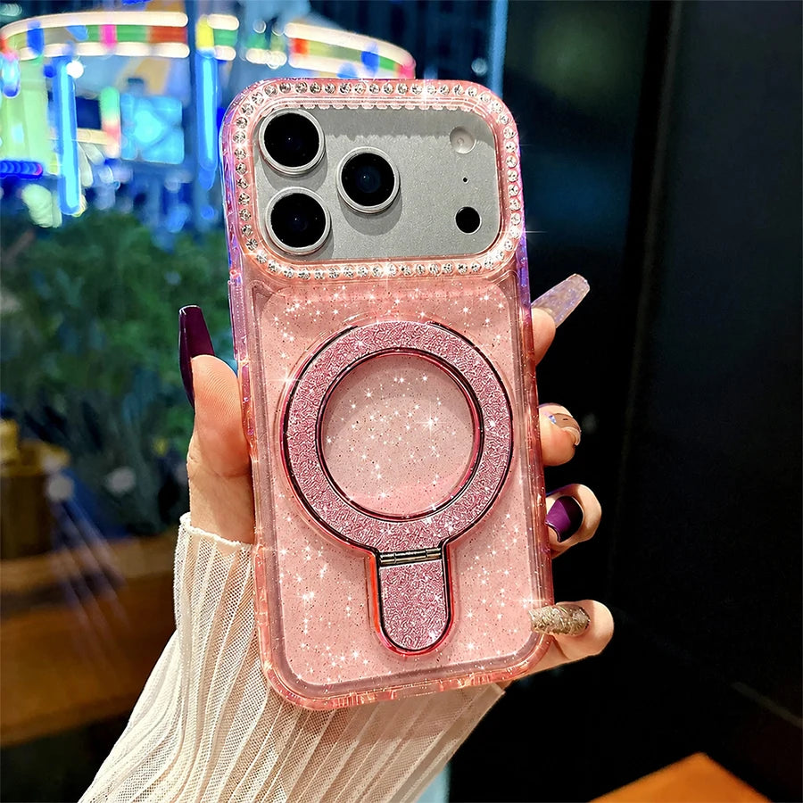 Luxury Sparkling Glitter Magnetic Ring Stand Phone Case for iPhone 18/17 Air/16/15/14/13/12 Pro Max/Pro/Plus Series, Crystal Clear Rhinestone Diamond Protective Cover with Raised Camera Lens Protection, Compatible with MagSaf