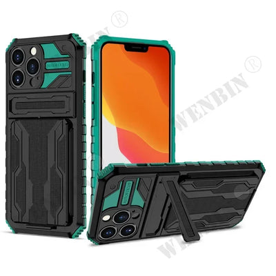 Case For iPhone 16 15 14 13 12 11 Pro Max Plus XR 8 7 Plus Anti Shock KickStand Bracket Card Slot Case